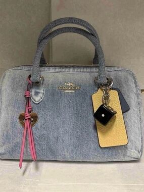 Coach Denim Satchel with Pink Tassel and Yellow Tag
